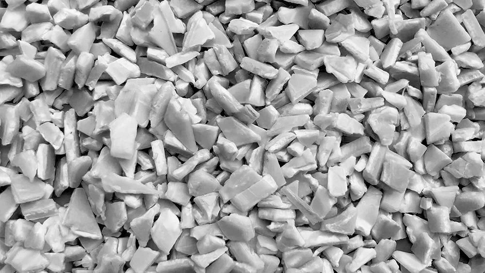 Close-up of recycled polypropylene (rPP) flakes